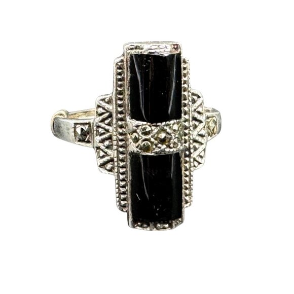 Antique Art Deco Silver 925 Ring with Black Onyx Stone *read* - Picture 2 of 12